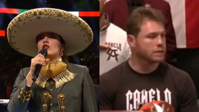 Camila Fernández se equivoca cantando el Himno Nacional en la pelea del Canelo Álvarez
