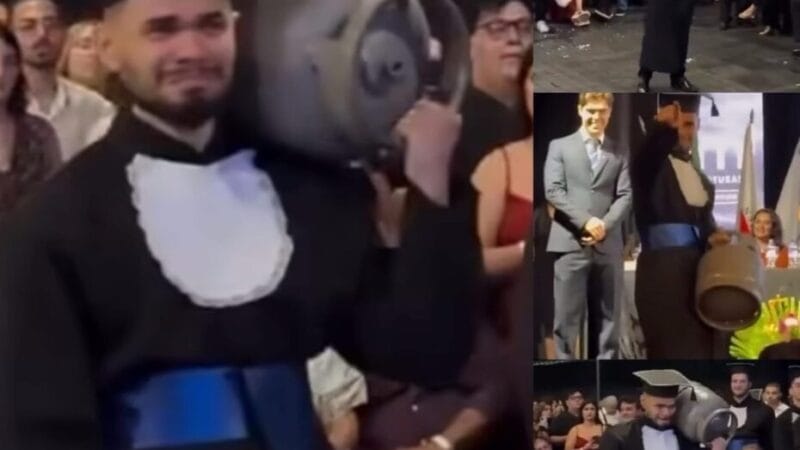 Joven lleva tanque de gas a su graduación en honor a papá 