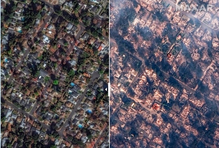 Antes y después de los incendios en Palisades y Eaton en el sur de California