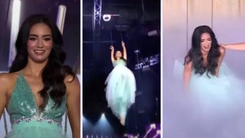 Participante de Miss Universe Latina sufre fuerte caída al romperse el arnés que la sostenía