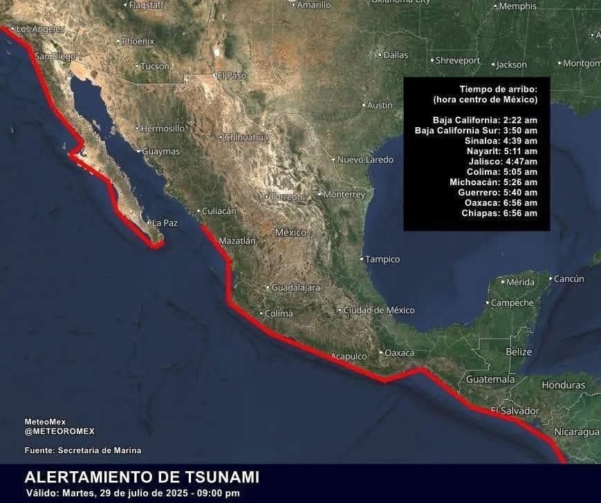 Alerta de Tsunami en costas mexicanas tras terremoto en Rusia