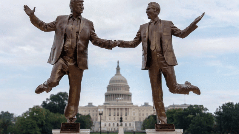 Una estatua de Trump y Epstein cogidos de la mano aparece frente al Capitolio de EE UU